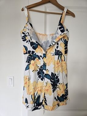 White Floral Romper with Yellow & Teal Leaf Print